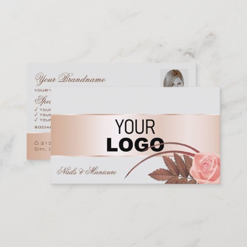 Gray Rose Gold Decor Cute Flower with Logo Photo Business Card