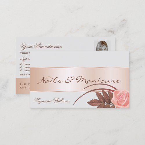 Gray Rose Gold Decor Gorgeous Flower with Photo Business Card