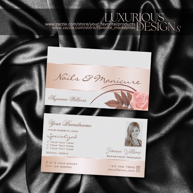 Gray Rose Gold Decor Gorgeous Flower with Photo Business Card (Creator Uploaded)