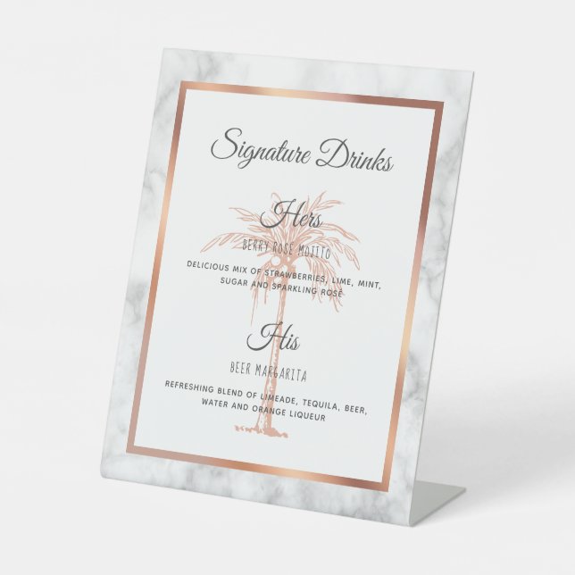 Gray Rose Gold Palm Tree Wedding Signature Drinks Pedestal Sign (Front)