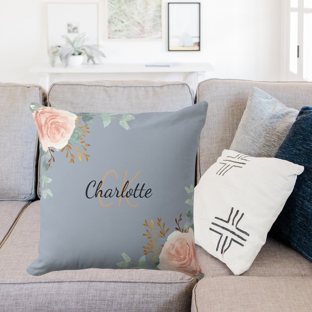 Gray rose gold pink floral monogram name throw pillow (Creator Uploaded)