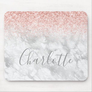 Gray Rose Gold Silver Glitter Marble Name Mouse Pad