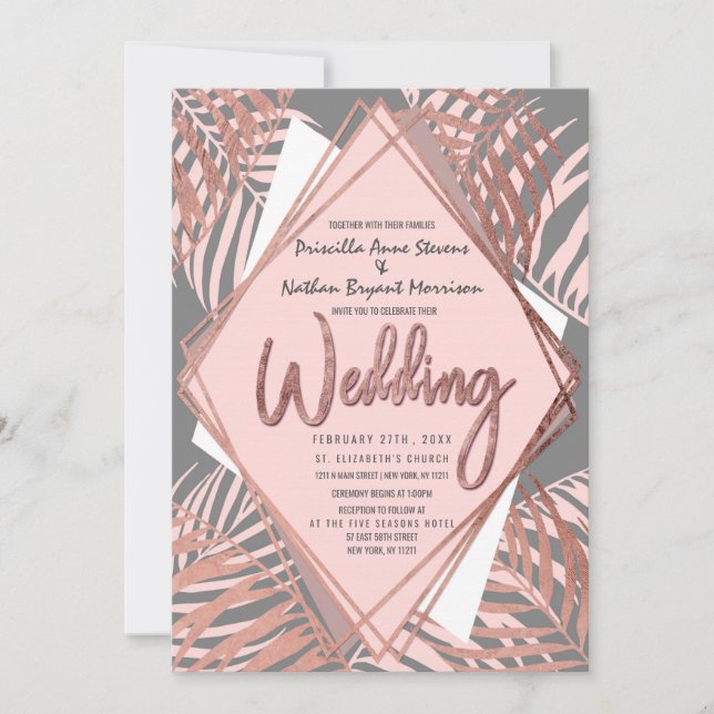 Gray Rose Gold Tropical Palm Tree Leaves Wedding Invitation (Front)