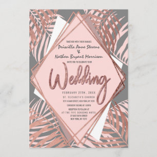 Gray Rose Gold Tropical Palm Tree Leaves Wedding Invitation