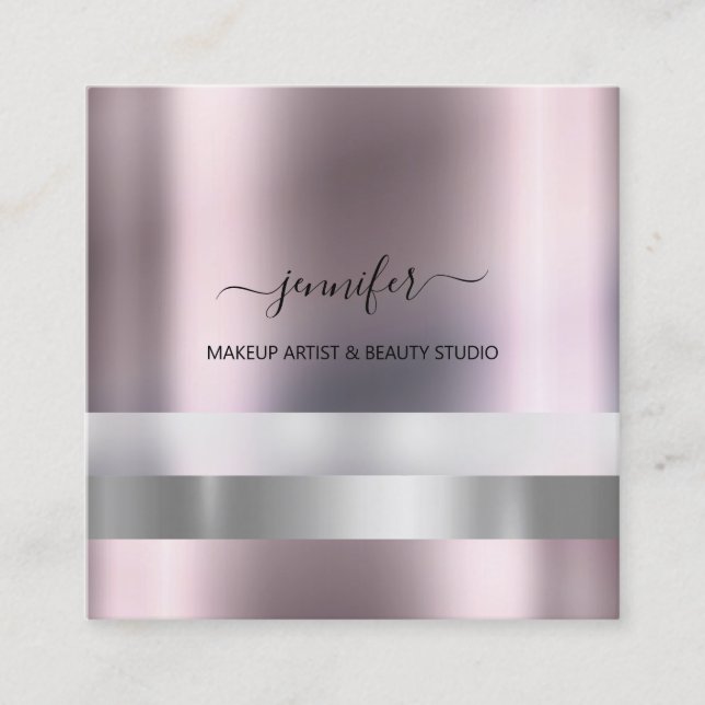 Gray Rose Makeup Artist Influencer Striped Modern Square Business Card (Front)