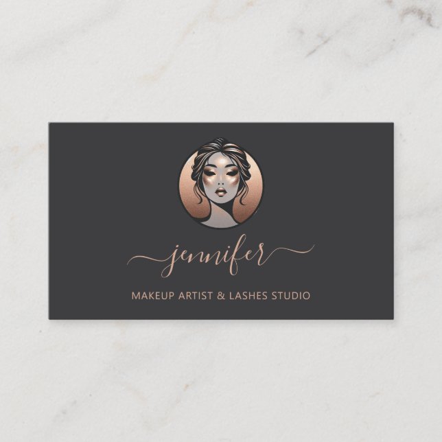 Gray Rose Makeup Artist Logo Lashes QR Oriental  Business Card (Front)