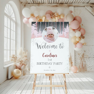 Gray Rose Muted Winter 1st Birthday Welcome Photo Foam Board