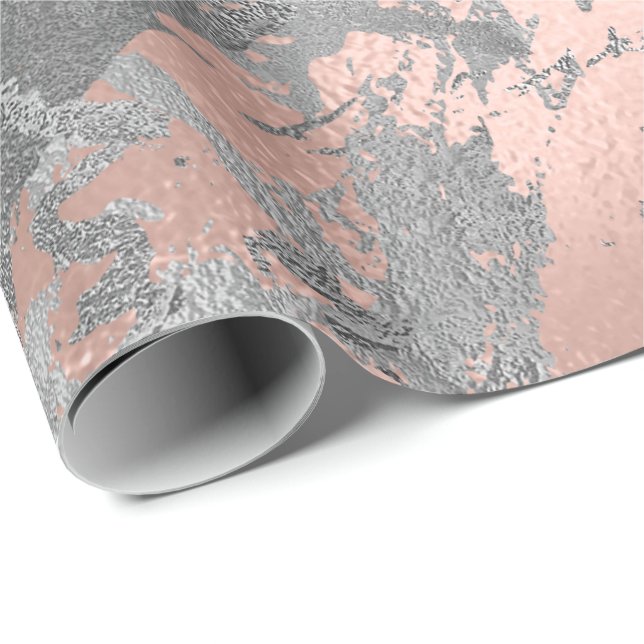 Gray Rose Pink Silver Marble Shiny Metallic Stroke Wrapping Paper (Roll Corner)