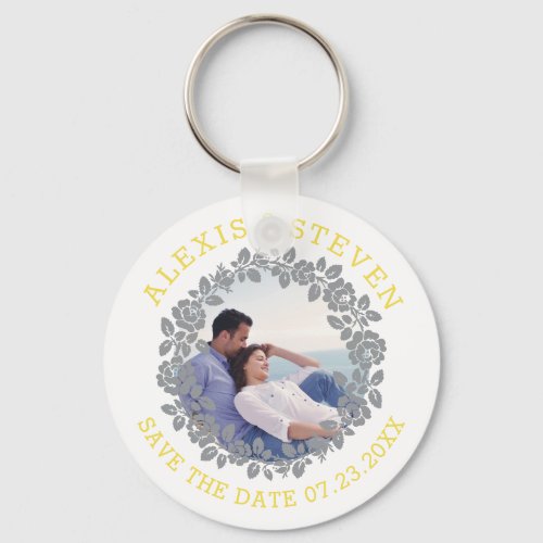 Gray rose wreath floral Save the Date photo Keychain