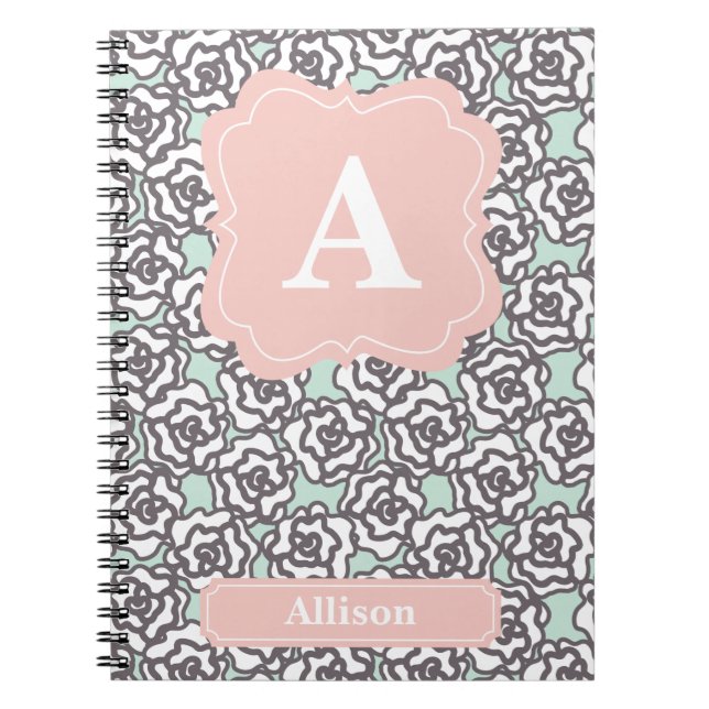 Gray Roses and Pink Monogram Notebook (Front)