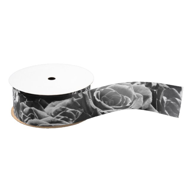 Gray roses, gray floral photo  grosgrain ribbon (Spool)