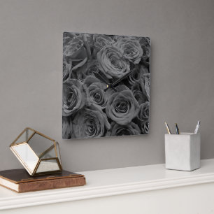 Gray roses, gray floral photo square wall clock