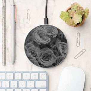 Gray roses, gray floral photo wireless charger