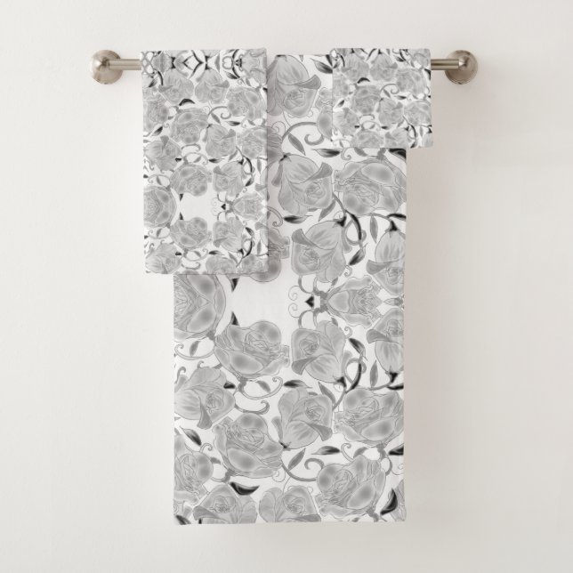 Gray Roses on White Bath Towel Set (Insitu)