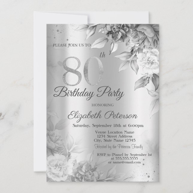 Gray Roses Silver 80th Birthday Party Invitation (Front)