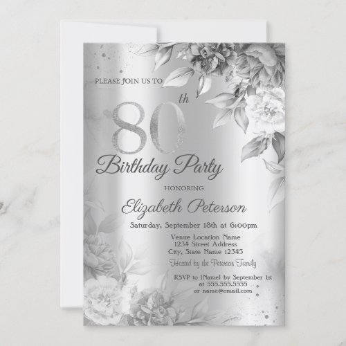 Gray Roses Silver 80th Birthday Party Invitation