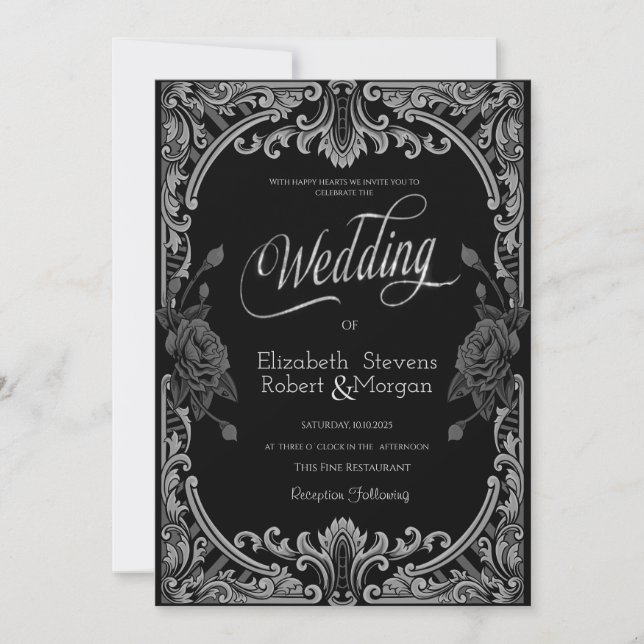 Gray Roses,Stripes Gothic Wedding Invitation (Front)