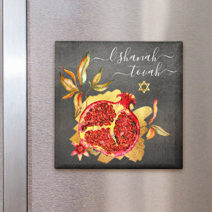Gray Rosh Hashanah Pomegranate Gold Red Watercolor Magnet