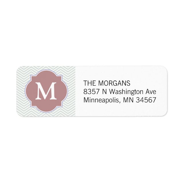 Gray & Rosy Brown Modern Chevron Custom Monogram Label (Front)