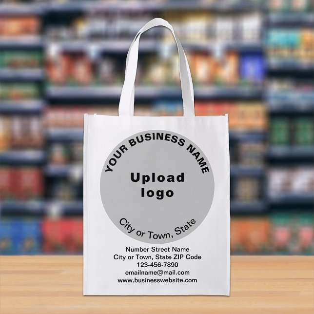 Gray Round Business Brand on Single-Sided Print Grocery Bag (Gray round business branding on reusable grocery bag.)