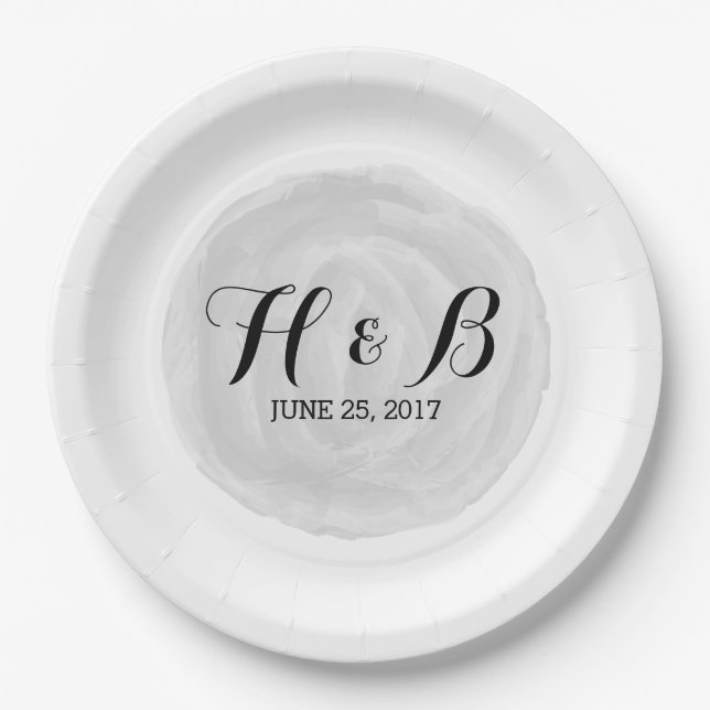 Gray Round Watercolor Wedding Paper Plates (Front)