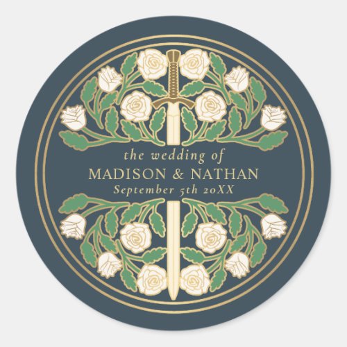 Gray Royal Medieval Floral Sword Wedding Classic Round Sticker