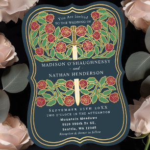 Gray Royal Medieval Floral Sword Wedding Invitation