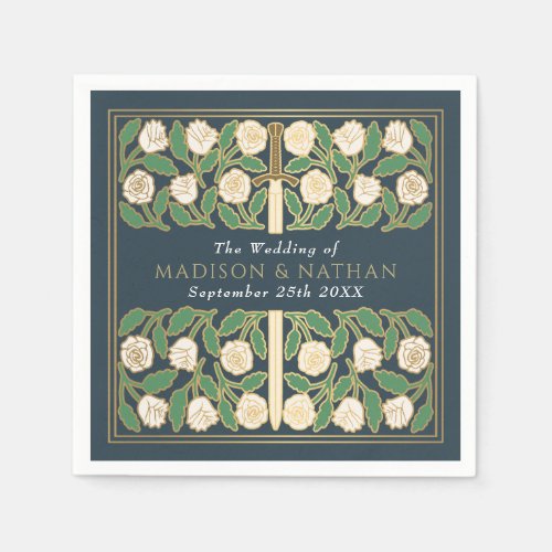 Gray Royal Medieval Gold Floral Sword Wedding Napkins