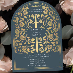 Gray Royal Medieval Gold Sword Wedding Arch Invitation