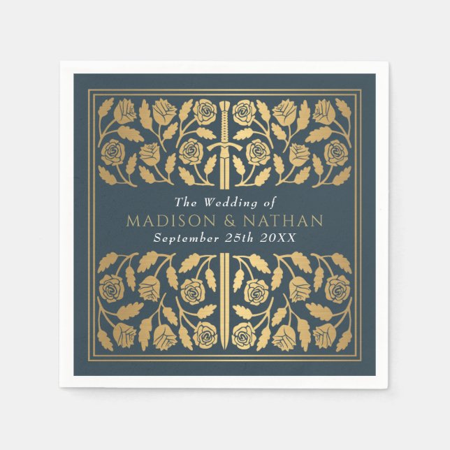 Gray Royal Medieval Gold Sword Wedding Napkins (Front)