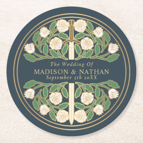 Gray Royal Medieval Gold Sword Wedding Round Paper Coaster