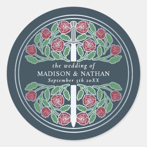 Gray Royal Medieval Silver Sword Wedding  Classic Round Sticker