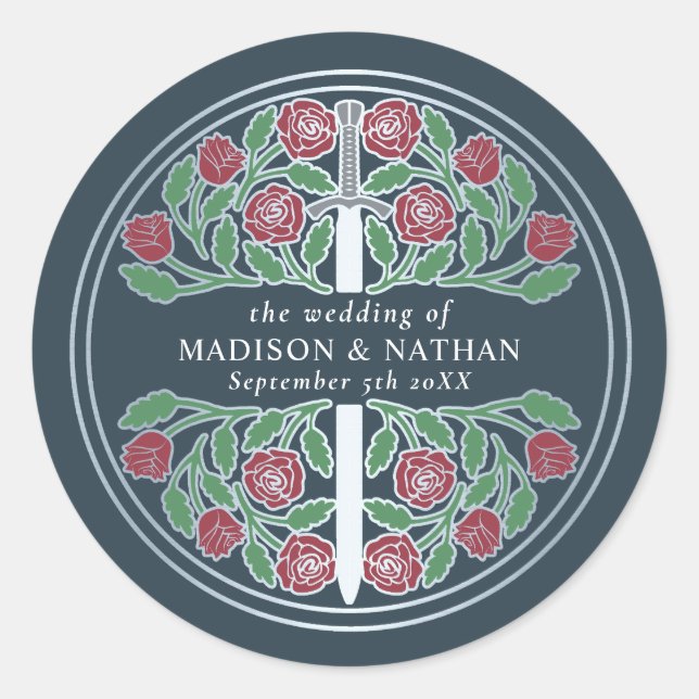 Gray Royal Medieval Silver Sword Wedding  Classic Round Sticker (Front)