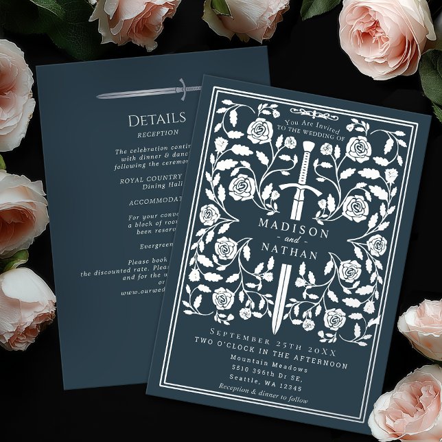 Gray Royal Medieval Silver Sword Wedding Details Foil Invitation (Creator Uploaded)