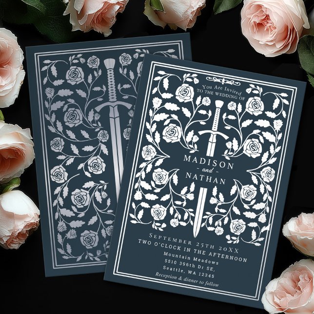 Gray Royal Medieval Silver Sword Wedding Foil Invitation (Creator Uploaded)