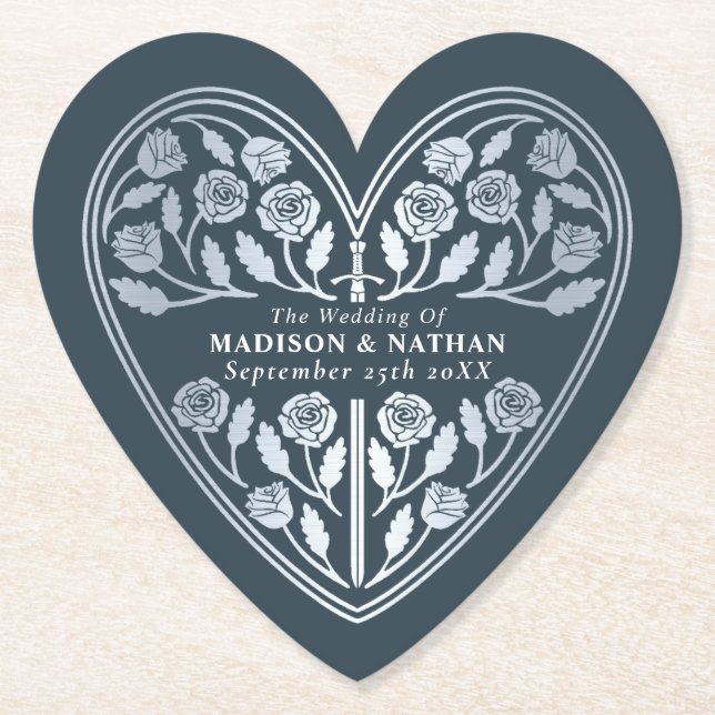 Gray Royal Medieval Silver Sword Wedding Paper Coaster (Front)