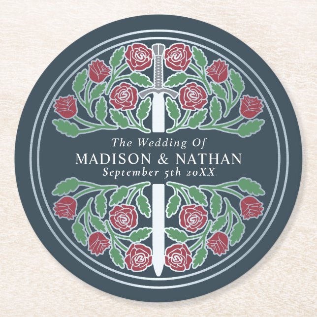 Gray Royal Medieval Silver Sword Wedding Round Paper Coaster (Front)