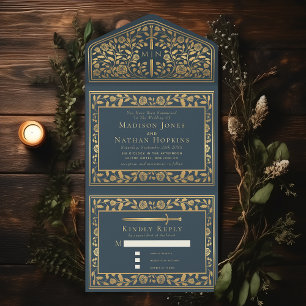 Gray Royal Medieval Sword Wedding All In One Invitation