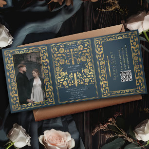 Gray Royal Medieval Sword Wedding QR Code Tri-Fold Invitation