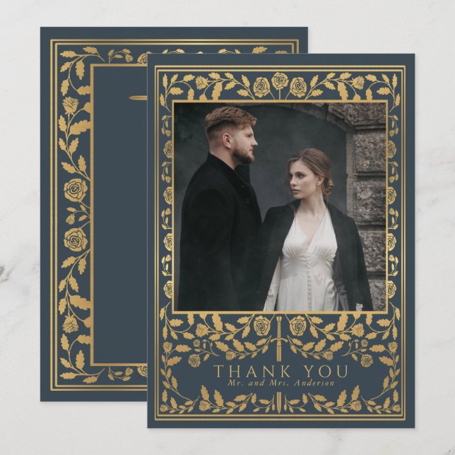 Gray Royal Medieval Sword Wedding Thank You Card (Front/Back)