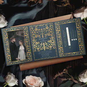 Gray Royal Medieval Sword Wedding Tri-Fold Invitation