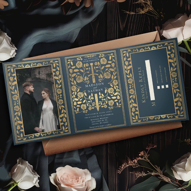 Gray Royal Medieval Sword Wedding Tri-Fold Invitation (Creator Uploaded)