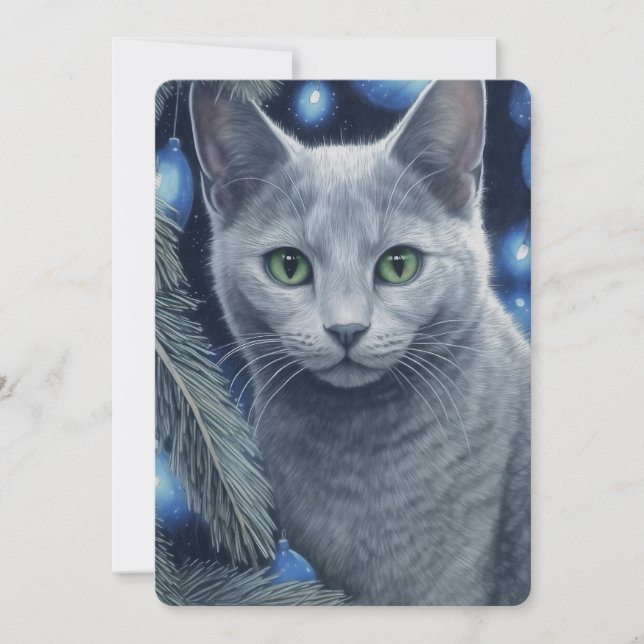 Gray Russian Blue Cat Christmas or Hanukkah  Holiday Card (Front)