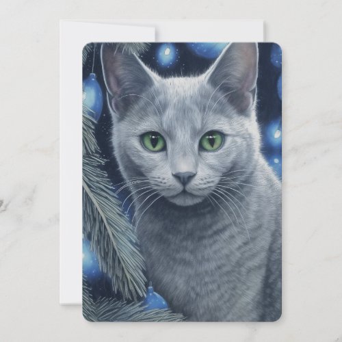 Gray Russian Blue Cat Christmas or Hanukkah  Holiday Card