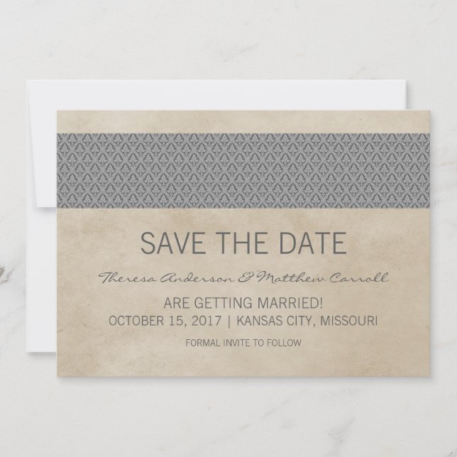 Gray Rustic Damask Save the Date Invite (Front)