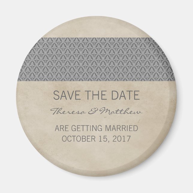 Gray Rustic Damask Save the Date Magnet (Front)