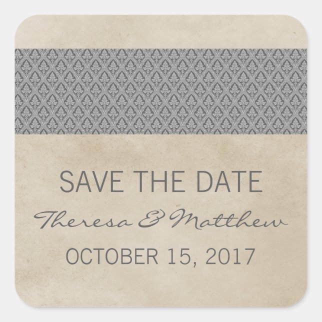 Gray Rustic Damask Save the Date Stickers (Front)