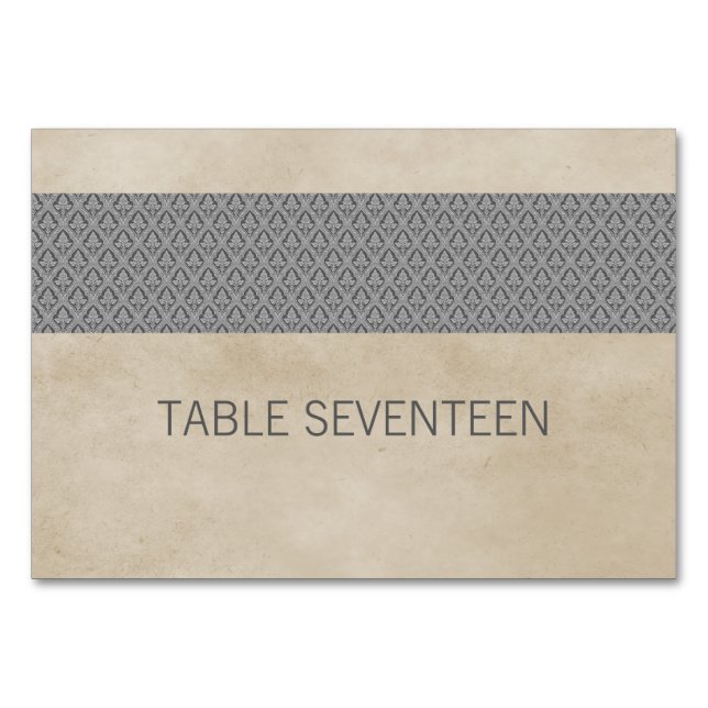 Gray Rustic Damask Table Card (Front)