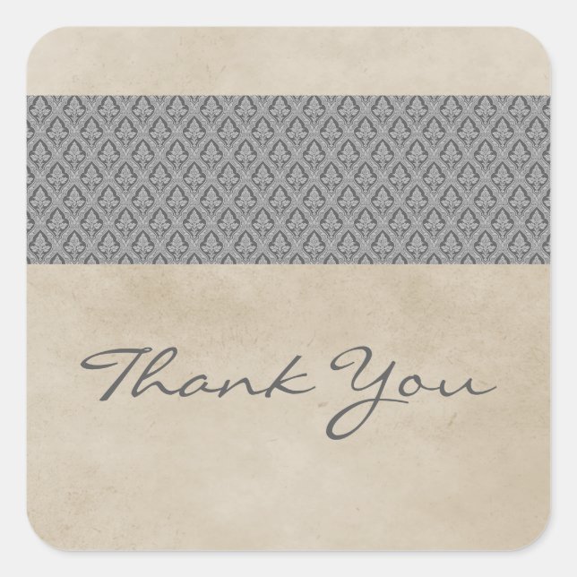Gray Rustic Damask Thank You Stickers (Front)