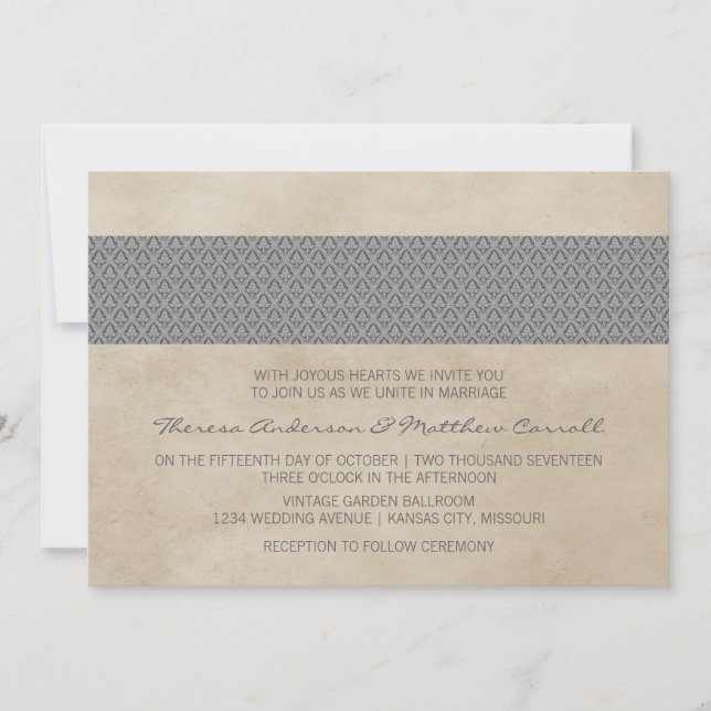Gray Rustic Damask Wedding Invite (Front)
